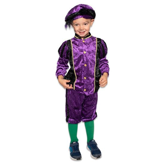 Kind verkleed in paarse en zwarte velours pietenkostuum met baret, geschikt voor Sinterklaas feestkleding.