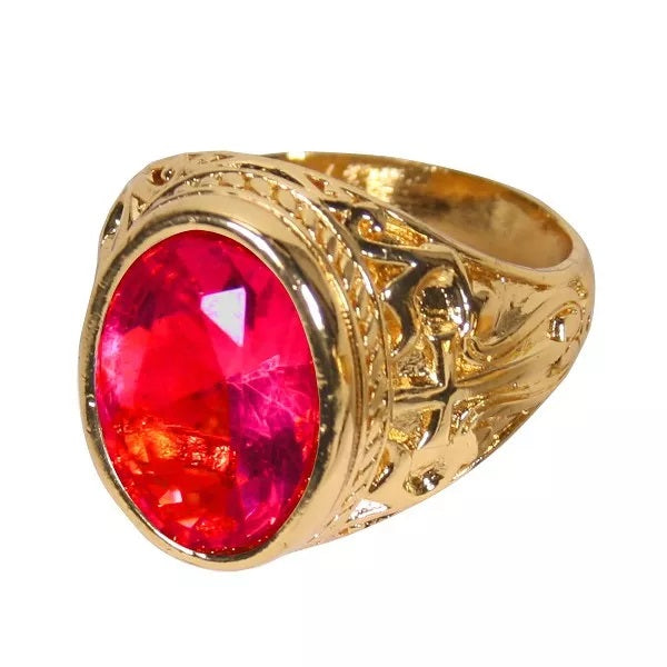 Gouden carnavalsring met grote rode steen, feestaccessoire voor verkleedkleding