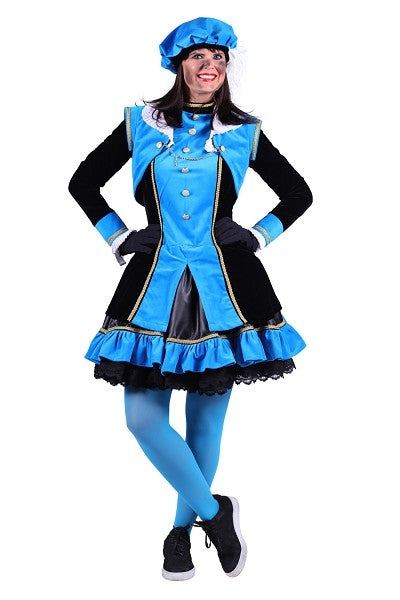 Vrouw in blauw en zwart carnavalskostuum met baret, geschikt voor feest of themafeest.