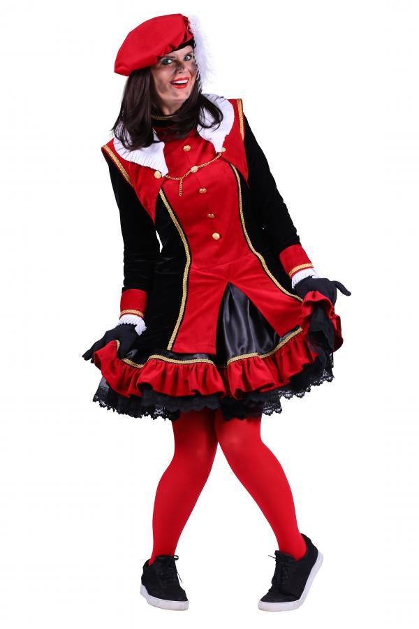 Dames kostuum voor Sinterklaasfeest, rood en zwart met goudaccenten, feestkleding