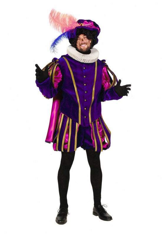 Paarse en roze pietenpak Granada met gepluimde hoed, geschikt voor Sinterklaas