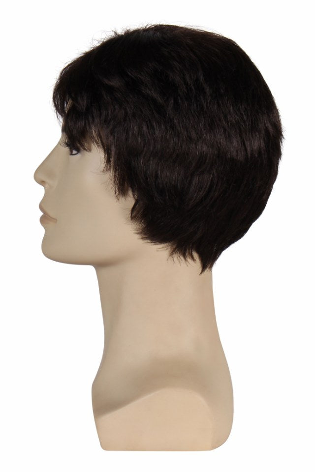 Short dark brown party wig on mannequin head, ideal for costume and carnival outfits