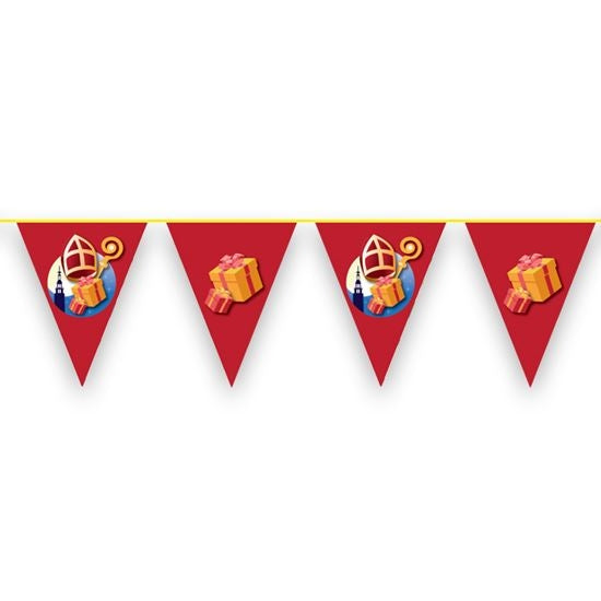 Vlaggenlijn Sinterklaas en Piet, rood met cadeautjes en mijter, decoratie voor Sinterklaasfeest