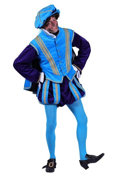 Man in klassiek Pieten kostuum voor Sinterklaas, met blauwe jas, baret en maillot, carnavalskleding.