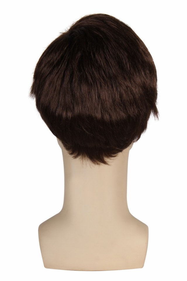Short brown wig for costume party on mannequin, viewed from the back