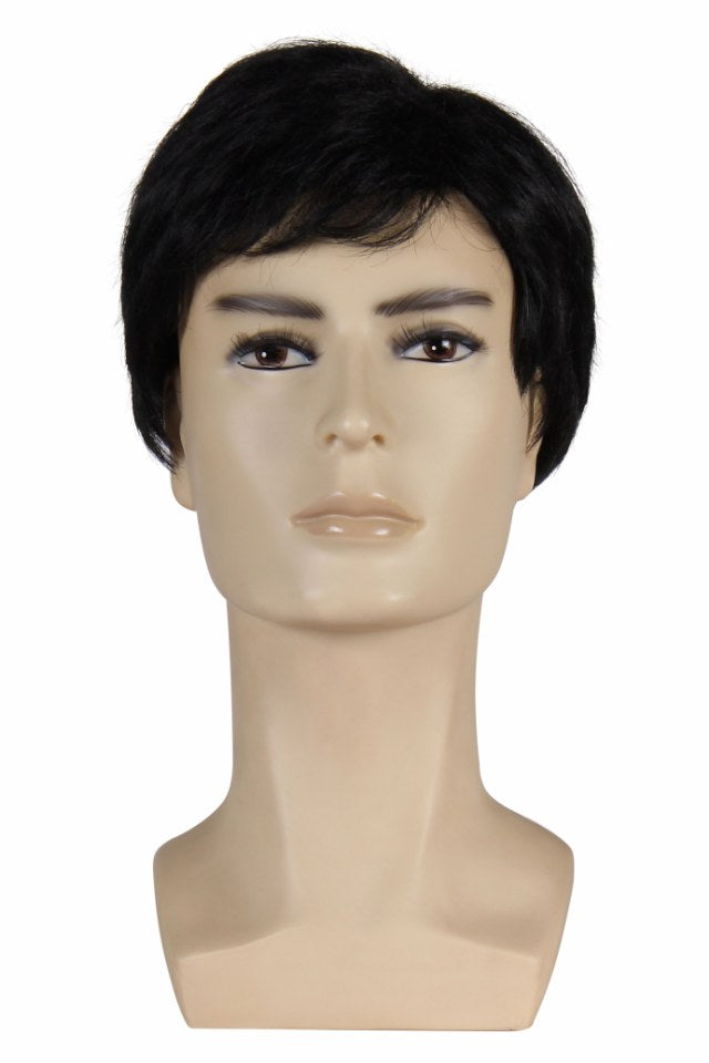 Short black wig on male mannequin head, ideal for carnival or party costume