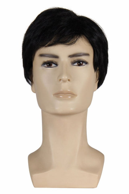 Short black wig on male mannequin head, ideal for carnival or party costume
